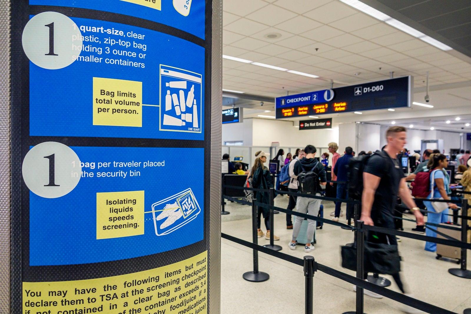 Miami, Florida, Miami International Airport, TSA checkpoint security screening information, limits per passenger, liquid containers 3 oz or less