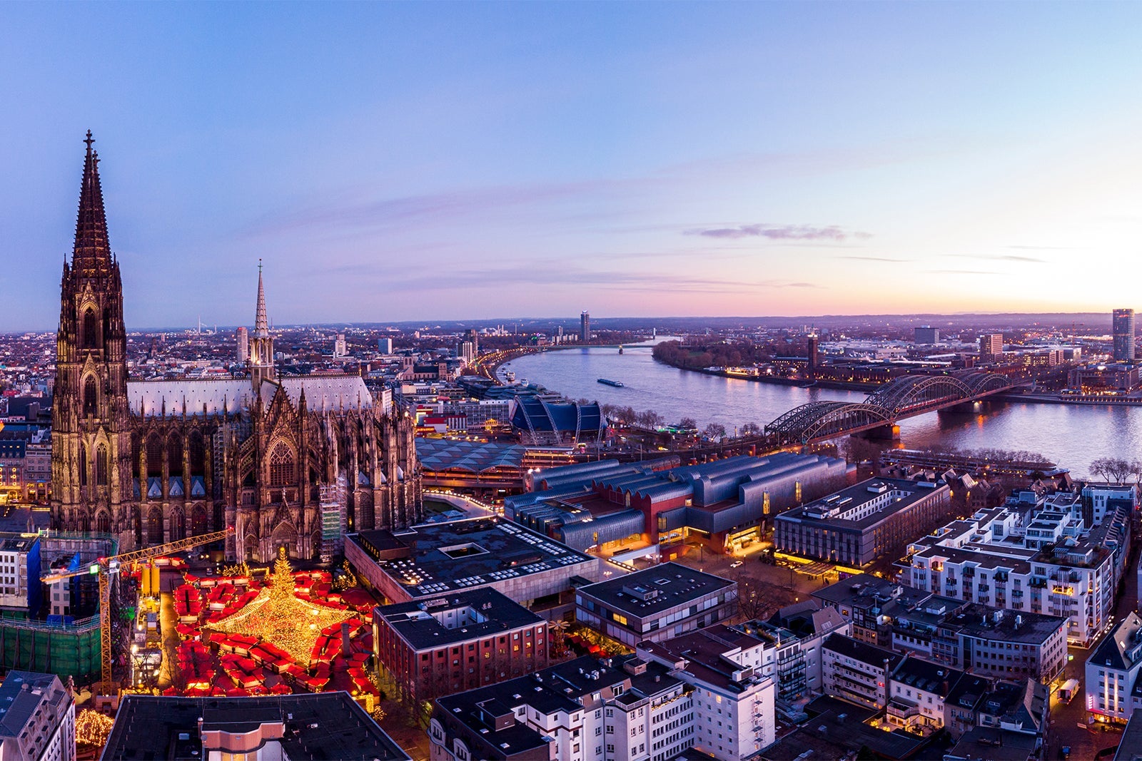Cologne Germany Christmas market, aerial drone view over Cologne rhine river Germany