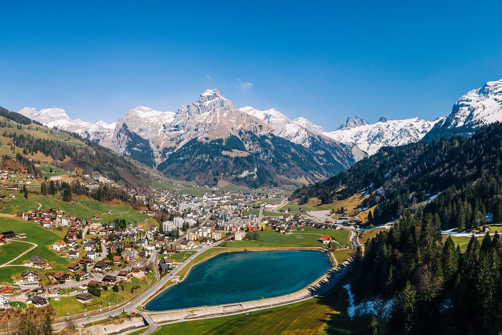 Aerial view of the Engelberg village in the alps in Canton Obwalden in Switzerland